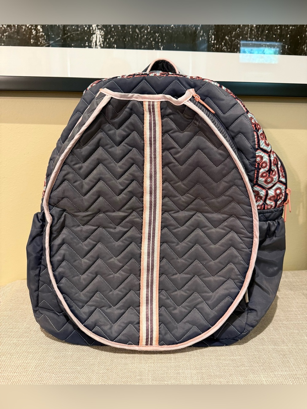 Cinda b Quilted Navy Blue Pink Geometric Tennis Backpack
